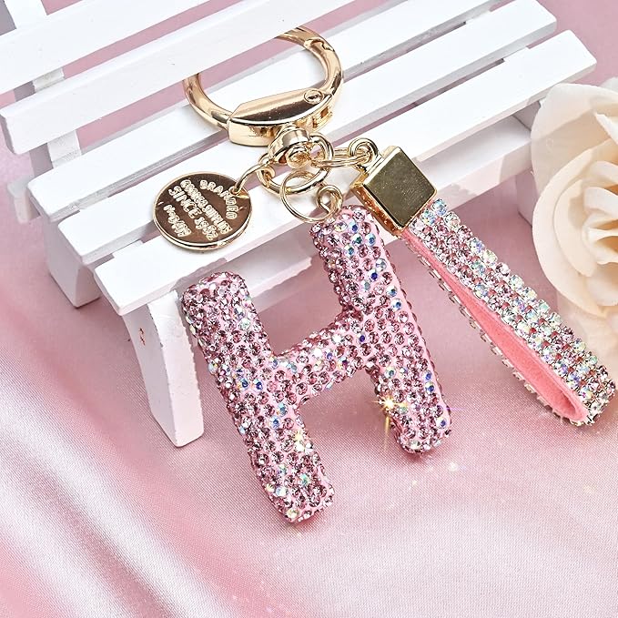 Pink Blue White Initial Letter Keychain Gift for Women Girls Bling Sparkly Cute Backpack Car Key Accessories Lanyard
