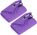 Mile High Life Tri-fold Golf Towel | 16" X 24" | Premium Microfiber Fabric | Waffle Pattern | with Heavy Duty Carabiner Clip | for Men and Women (2 Pack Purple)