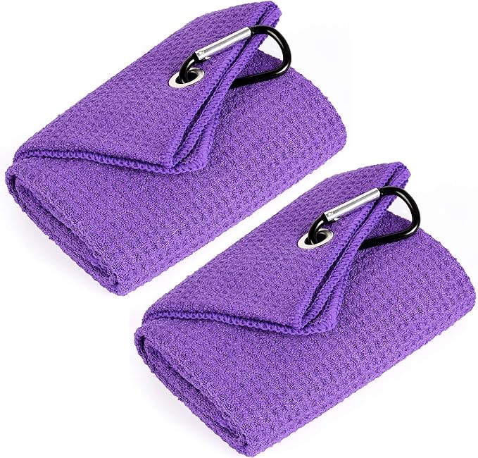 Mile High Life Tri-fold Golf Towel | 16" X 24" | Premium Microfiber Fabric | Waffle Pattern | with Heavy Duty Carabiner Clip | for Men and Women (2 Pack Purple)
