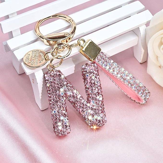 Pink Blue White Initial Letter Keychain Gift for Women Girls Bling Sparkly Cute Backpack Car Key Accessories Lanyard