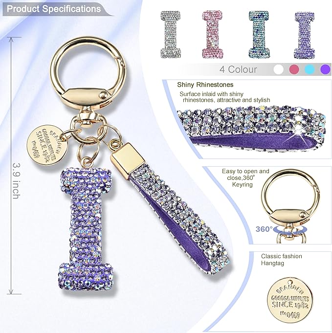 Pink Blue White Initial Letter Keychain Gift for Women Girls Bling Sparkly Cute Backpack Car Key Accessories Lanyard