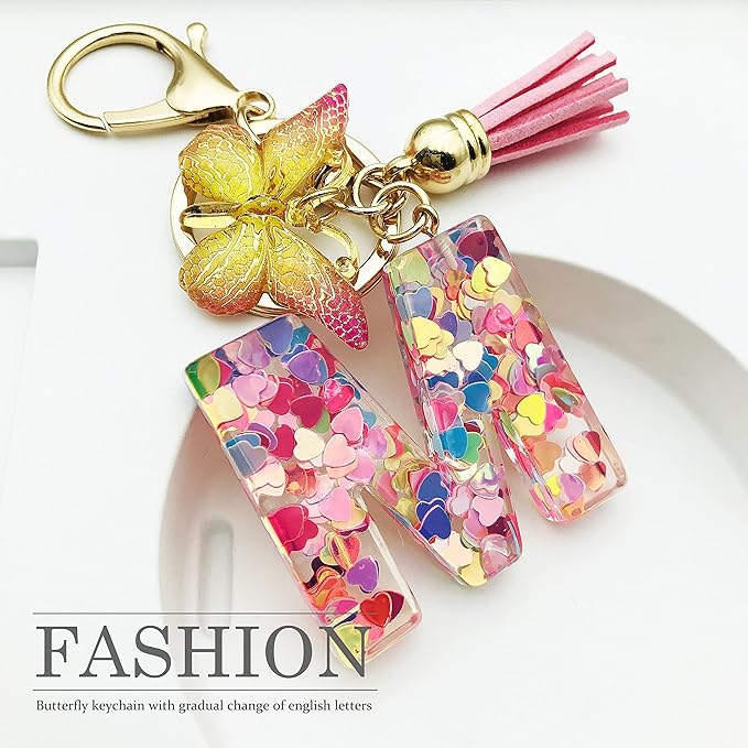 JINGUAZI Initial letter Keychains for Women Tassel Butterfly Pink Purple Cute Car Keychain for Wallet Backpack bag charm