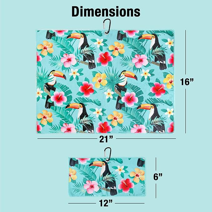 Microfiber Golf Towels for Golf Bags & Carts - Premium Weave Waffle & Ball Towels with Carabiner Clip, Essential Accessories for Men, Women, and Kids, Golfer Gifts, Set of 2 (Toucan)