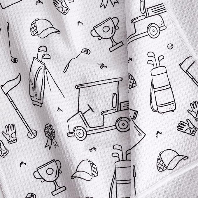 Microfiber Golf Towels for Golf Bags & Carts - Premium Weave Waffle & Ball Towels with Carabiner Clip, Essential Accessories for Men, Women and Kids, Golfer Gifts, Set of 2 (Golf Doodles)
