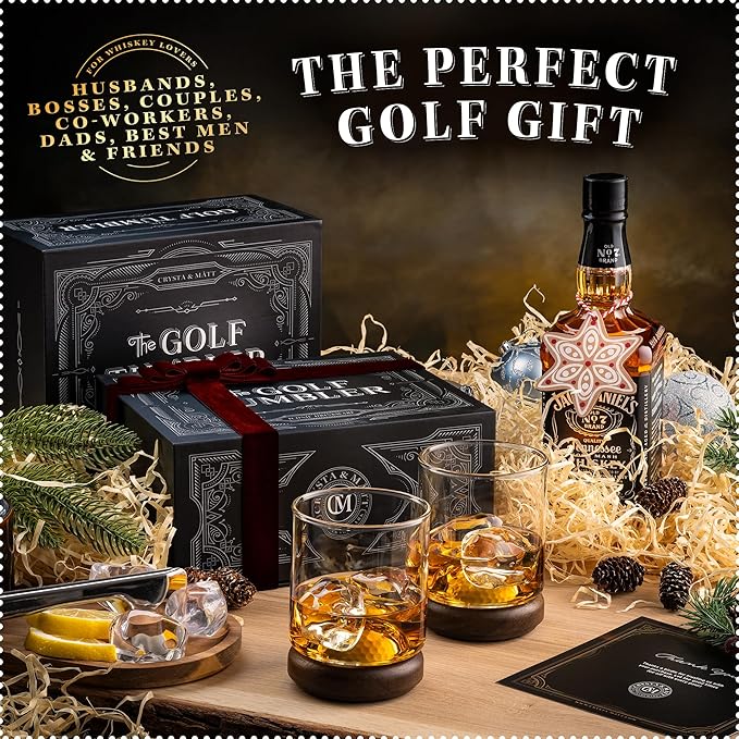 Golf Whiskey Glass Set | Golf Ball Shot Glasses | 12 oz Whiskey Glasses | Gifts for Golfers | Cool Stuff for Golfers | Birthday Gifts for Men and Women | Uncle Gift | Whiskey Presents for Golfer
