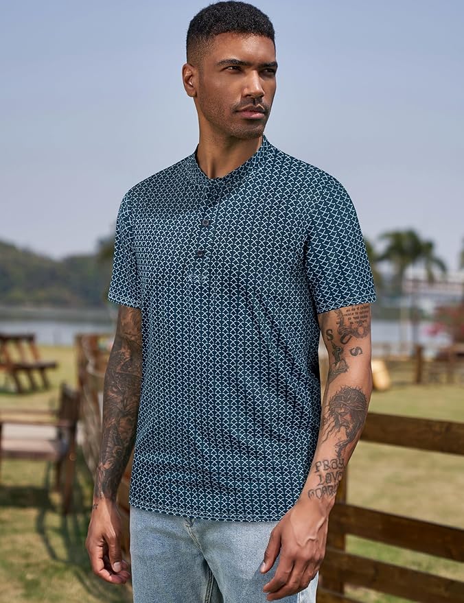 TAPULCO Mens Collarless Golf Shirts Short Sleeve Dry Fit Stretch Casual Breathable Lightweight Tshirts