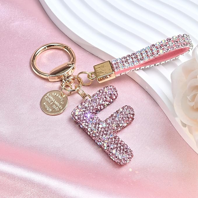 Pink Blue White Initial Letter Keychain Gift for Women Girls Bling Sparkly Cute Backpack Car Key Accessories Lanyard