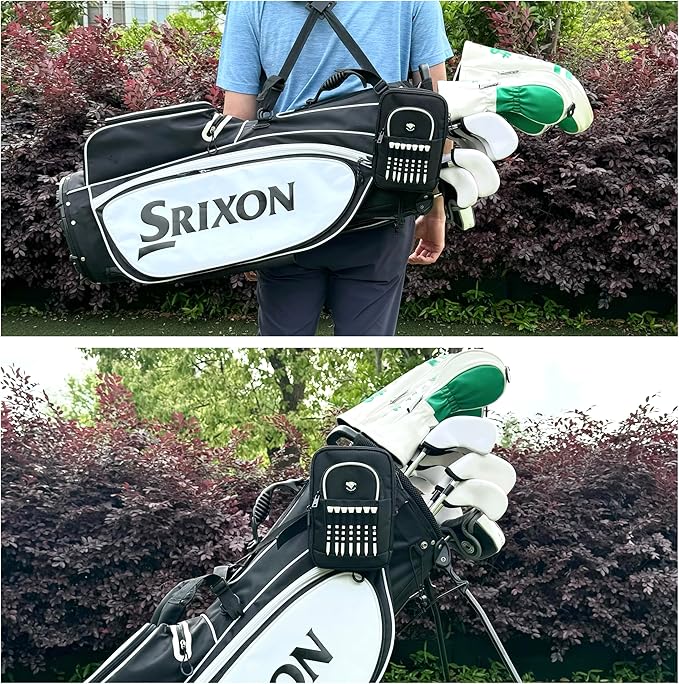 Golf Bag Pouch for Balls and Accessories | 3 Zipper Pockets | Detachable Clip | Store Up to 15 Balls | Front Tee Holder and 10 Bamboo Tees 3 1/4 in