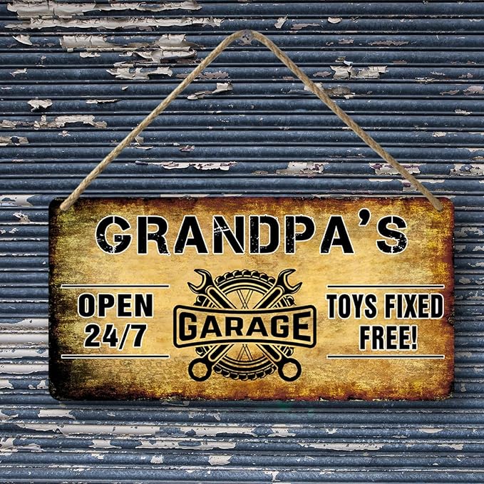 Grandpa's Garage Wooden Sign - Papa's Fix It Shop Vintage Mechanic Sign - Toys Fixed For Free - Woodworking Gift for Grandpa - 6x12 Inch
