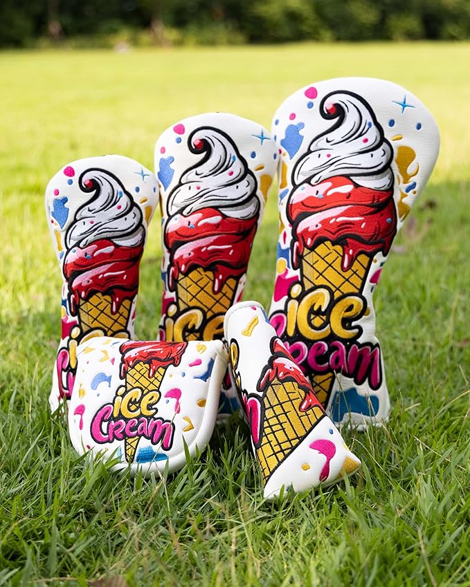 Golf Club Head Covers, Ice Cream Golf Headcovers for Drivers, Fairway Woods, Hybrids, Mallet Blade Putter Cover, Funny Golf Club Covers with Premium PU Leather and Advanced Embroidery for Most Brands