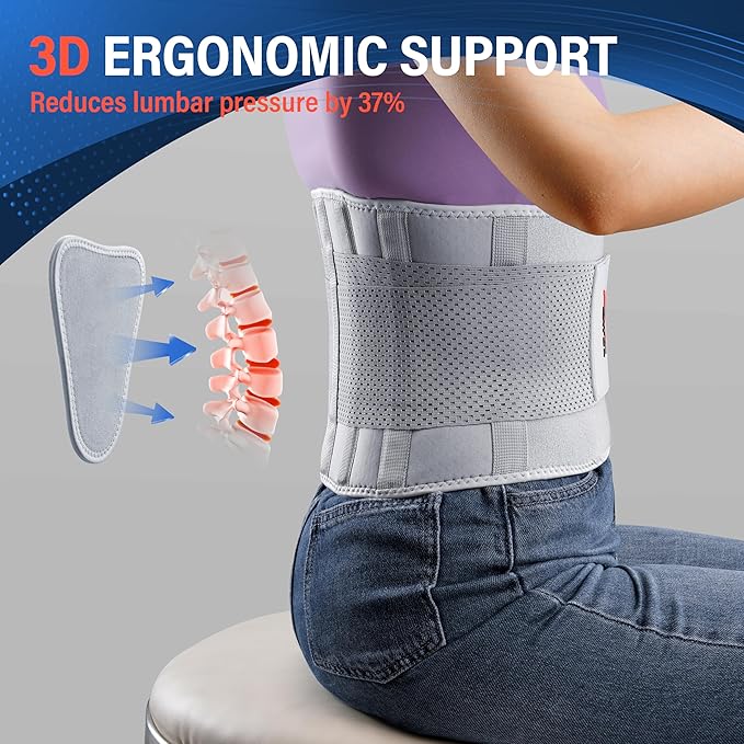 FEATOL Back Brace for Lower Back Pain Women, Breathable Back Support Belt for Women & Men with Lumbar Pad, Lumbar Support Belt for Heavy Lifting & Work, Scoliosis, Grey, 4XL (Circumference:63-68")