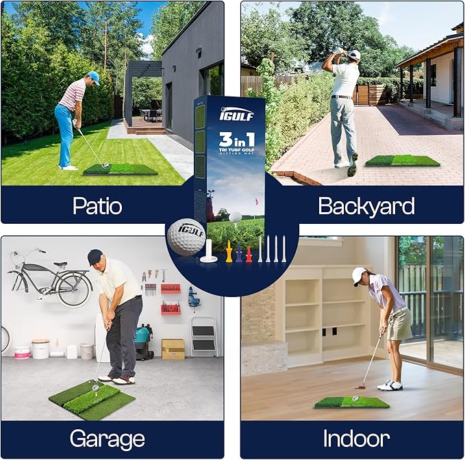 2ft x 2ft Tri-Turf 3 in 1 Golf Hitting Mat Indoor Outdoor Practice & Training Aid with Real Turf Feel, Non-Slip Rubber Base, EVA Cushion, Real Tee Support, Foam Balls & Tees Included for Driving Range