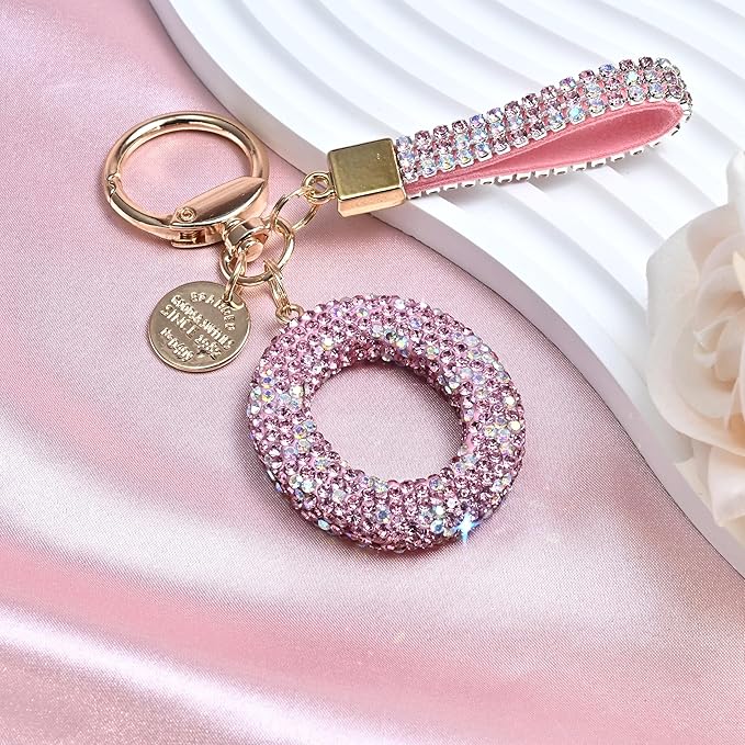 Pink Blue White Initial Letter Keychain Gift for Women Girls Bling Sparkly Cute Backpack Car Key Accessories Lanyard