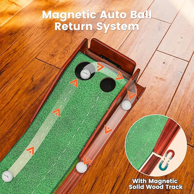 Putting Green Indoor with Three-Level Adjustable Incline, Auto Ball Return - Easy to Fold Solid Wood Base, Golf Training Aid for Home, Office, Backyard - Golf Putting Mat for Men