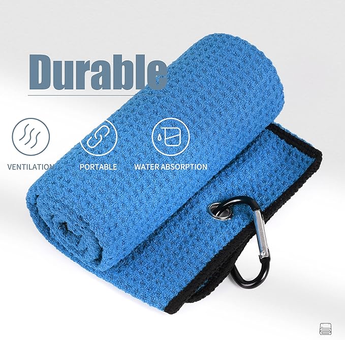 Mile High Life Tri-fold Golf Towel | 16" X 24" | Premium Microfiber Fabric | Waffle Pattern | with Heavy Duty Carabiner Clip | for Men and Women (Blue)