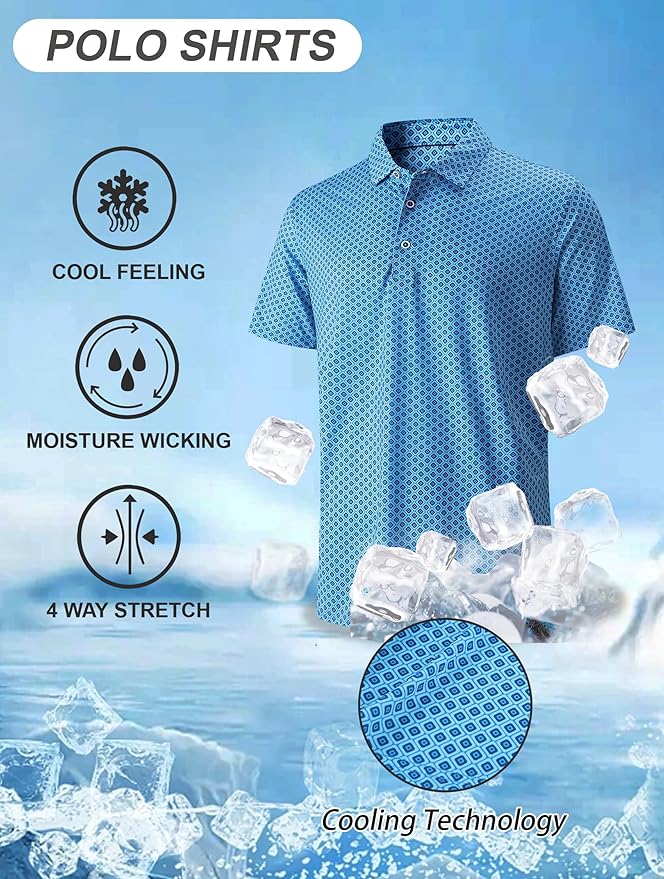 Esabel.C Golf Shirts for Men Dry Fit Performance Short Sleeve Print Moisture Wicking Collared Shirt