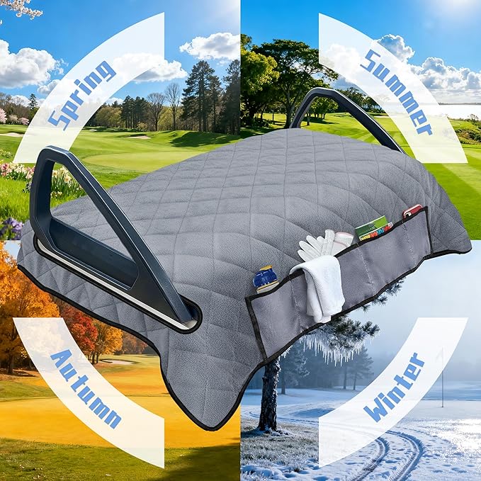 YOKYHOM Golf Cart Seat Covers with 4 Front Pockets, Thick and Non-Slip Golf Cart Seat Towel Blanket, Fits for EZGO, Yamaha, Club Car and More 2 Seats Golf Carts, Gray