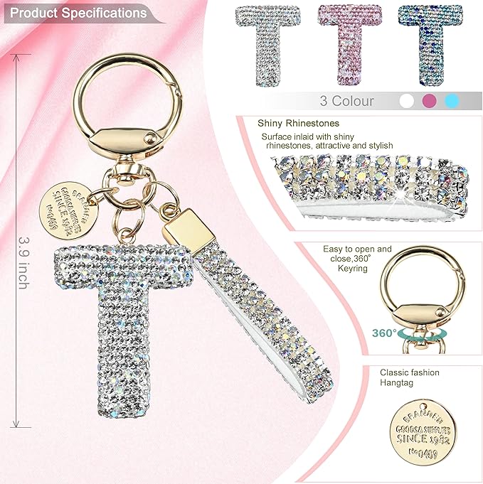 Pink Blue White Initial Letter Keychain Gift for Women Girls Bling Sparkly Cute Backpack Car Key Accessories Lanyard