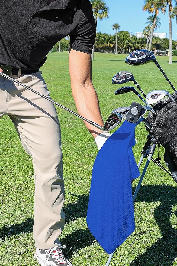 Magnetic Golf Towels for Golf Bags with Clip & Ultra Strong Magnet - Waffle Weave Microfiber Towel for Secure Hold on Bags & Carts - Ideal Club Cleaner & Accessories - Bright Blue
