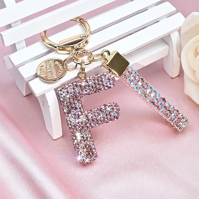 Pink Blue White Initial Letter Keychain Gift for Women Girls Bling Sparkly Cute Backpack Car Key Accessories Lanyard