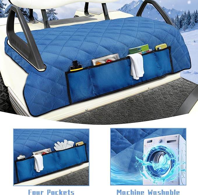 YOKYHOM Golf Cart Seat Covers with 4 Front Pockets, Thick and Non-Slip Golf Cart Seat Towel Blanket, Fits for EZGO, Yamaha, Club Car and More 2 Seats Golf Carts, Blue