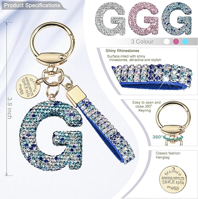 Pink Blue White Initial Letter Keychain Gift for Women Girls Bling Sparkly Cute Backpack Car Key Accessories Lanyard