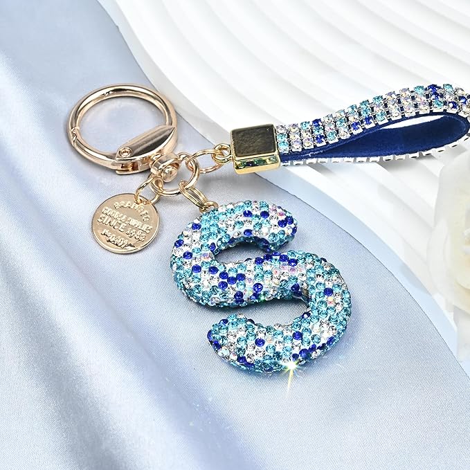 Pink Blue White Initial Letter Keychain Gift for Women Girls Bling Sparkly Cute Backpack Car Key Accessories Lanyard