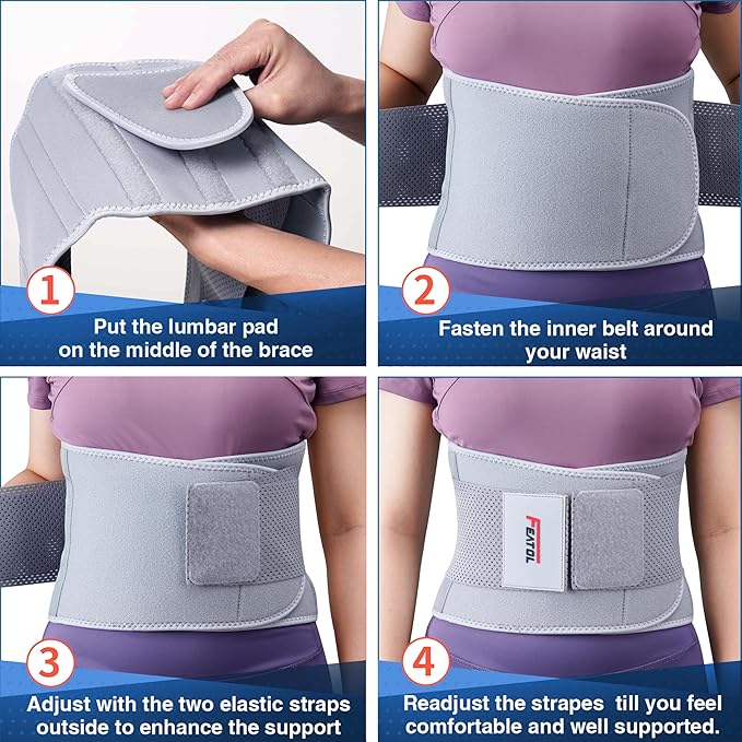 FEATOL Back Brace for Lower Back Pain Women, Breathable Back Support Belt for Women & Men with Lumbar Pad, Lumbar Support Belt for Heavy Lifting & Work, Scoliosis, Grey, 2XL (Circumference:38.6-51.2")