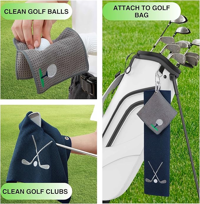 Embroidered Golf Towel Set – Custom Towels for Golf Bags & Carts – Golf Accessories & Gifts for Kids, Men, & Women – Microfiber Waffle and Ball Towels – Club Ball Design - 2-Pack