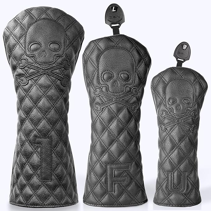 Golf Club Covers – Driver Headcover, Black Skull Leather, Fairway Wood & Hybrid, 3 Wood Headcover, Waterproof Easy-Clean, Universal Fit