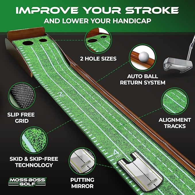 Practice Putting Mat with Automatic Ball Return Track & Putting Mirror - Indoor Golf Practice Mat for Mini Games & Home/Office Use, Great Gift for Golf Lovers