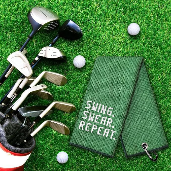 DYJYBMY Swing Swear Repeat Funny Golf Towel, Embroidered Green Golf Towels for Golf Bags with Clip, Golf Gift for Men Husband Boyfriend Dad, Birthday Gifts for Golf Fan, Funny Golf Lover Gift