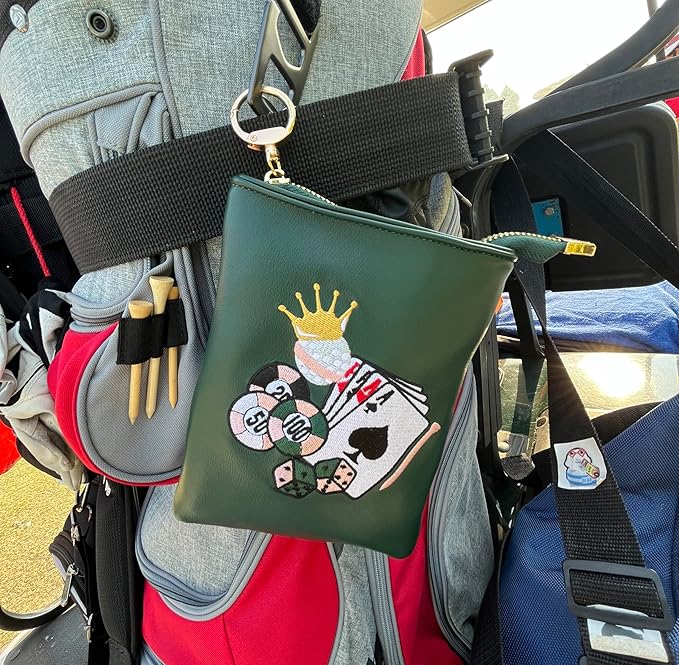 PINKTEE Golf Valuables Pouch Funny Golf Accessories Bag with Zipper Master Green Premiun Leather Golf Tee/Ball Pouch for Women Men (CASINO QUEEN, White stripe)