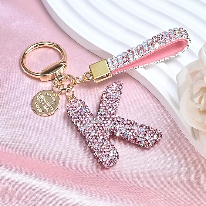 Pink Blue White Initial Letter Keychain Gift for Women Girls Bling Sparkly Cute Backpack Car Key Accessories Lanyard