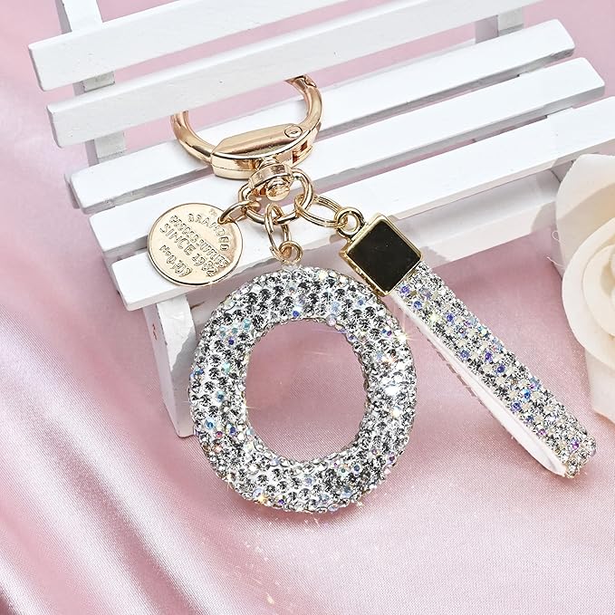 Pink Blue White Initial Letter Keychain Gift for Women Girls Bling Sparkly Cute Backpack Car Key Accessories Lanyard