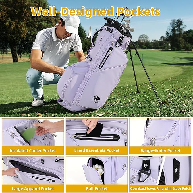 Golf Stand Bag 14 Way, Lightweight Golf Bags for Men Women with Stand, Padded Ergonomic Double Strap, Full Length Dividers, Multiple Pockets, Rain Hood