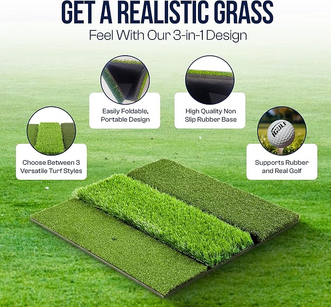 2ft x 2ft Tri-Turf 3 in 1 Golf Hitting Mat Indoor Outdoor Practice & Training Aid with Real Turf Feel, Non-Slip Rubber Base, EVA Cushion, Real Tee Support, Foam Balls & Tees Included for Driving Range