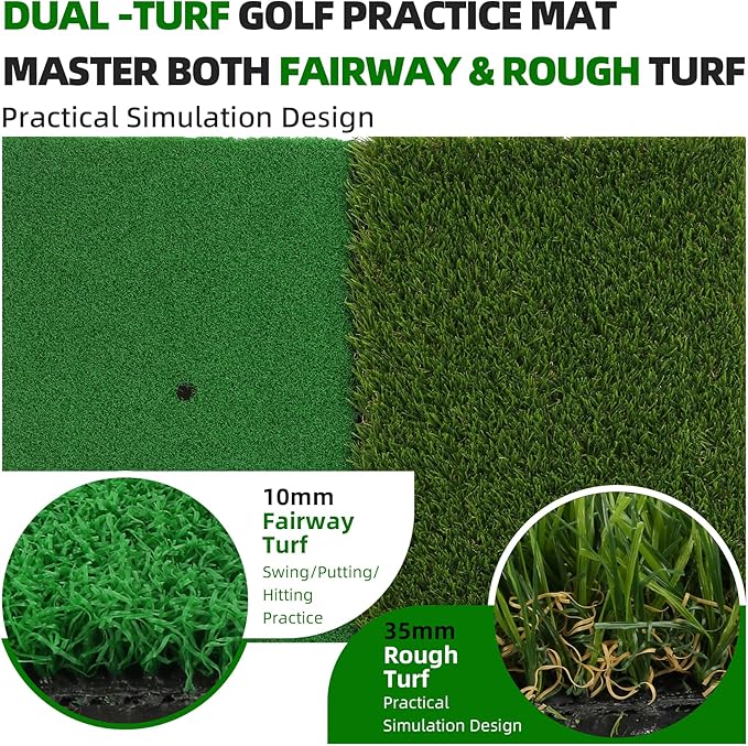 Golf Practice Mat Golf Hitting Mat for Swing, Putting & Chipping | Portable Golf Training Mat Indoor/Outdoor, Dual-Turf/Tri-Turf Golf Mat with 8 Tees