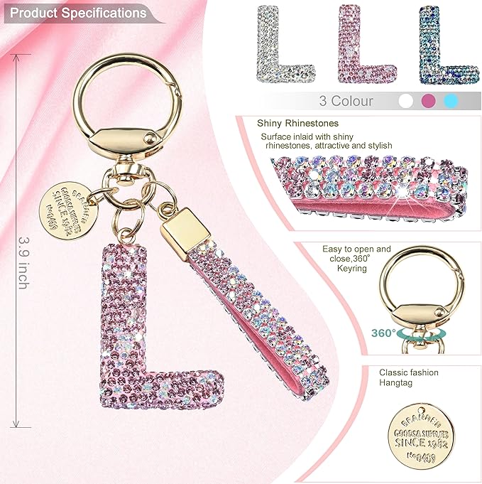 Pink Blue White Initial Letter Keychain Gift for Women Girls Bling Sparkly Cute Backpack Car Key Accessories Lanyard