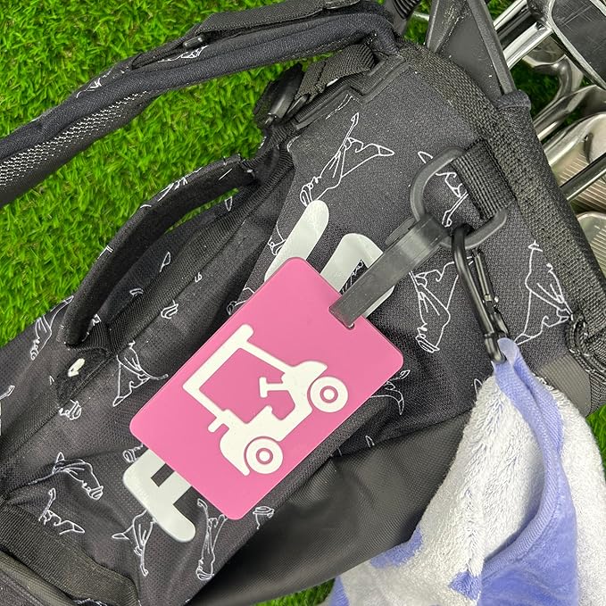 Golf Bag Tag – Golf Cart Magenta Design, Flexible & Waterproof Silicone Luggage Tag, Secure Strap for Bag Identification, Great Golf Gift for Players & Enthusiasts