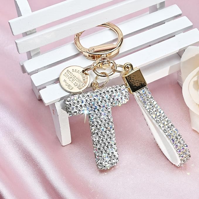 Pink Blue White Initial Letter Keychain Gift for Women Girls Bling Sparkly Cute Backpack Car Key Accessories Lanyard