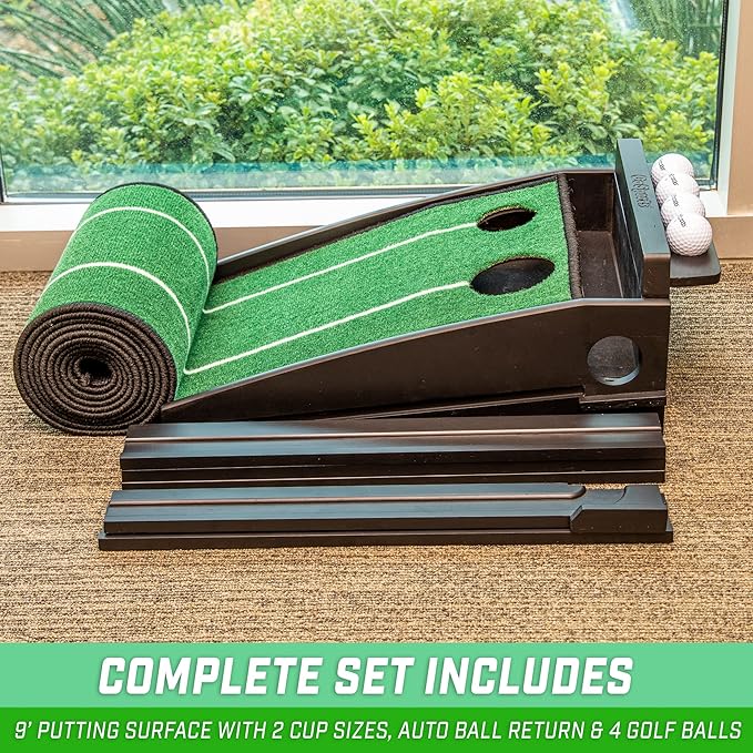 GoSports Pure Putt Golf 9 ft Putting Green Ramp - Black or Brown - Premium Wood Training Aid for Home & Office Putting Practice - Includes 4 Golf Balls