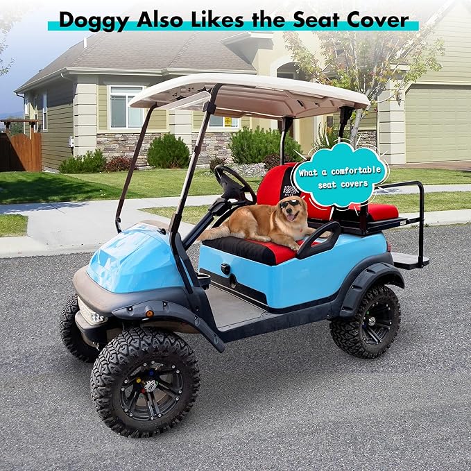10L0L Golf Cart Front and Rear Seat Cover Set for Club Car DS/Precedent/Onward/Tempo & Yamaha G29 /Drive 2,Stylish 4 Passenger Front Back Seat Covers,Breathable Washable Polyester Mesh (Black/Red)