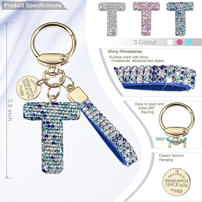 Pink Blue White Initial Letter Keychain Gift for Women Girls Bling Sparkly Cute Backpack Car Key Accessories Lanyard