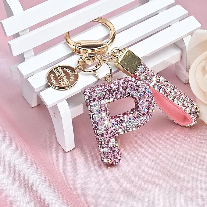 Pink Blue White Initial Letter Keychain Gift for Women Girls Bling Sparkly Cute Backpack Car Key Accessories Lanyard