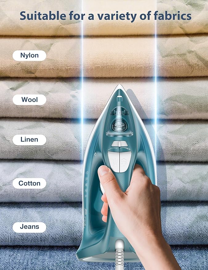 Burst steam Iron for Clothes - 1500W Iron with Ceramic Coated Soleplate, Rapid Heating, Self-Cleaning, Auto-Off, 11.84oz Water Tank, Precise Thermostat, Home Use Green