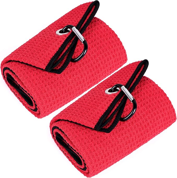 Mile High Life Tri-fold Golf Towel | 16" X 24" | Premium Microfiber Fabric | Waffle Pattern | with Heavy Duty Carabiner Clip | for Men and Women (2 Pack Red)