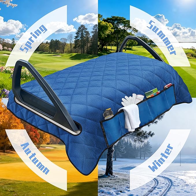 YOKYHOM Golf Cart Seat Covers with 4 Front Pockets, Thick and Non-Slip Golf Cart Seat Towel Blanket, Fits for EZGO, Yamaha, Club Car and More 2 Seats Golf Carts, Blue