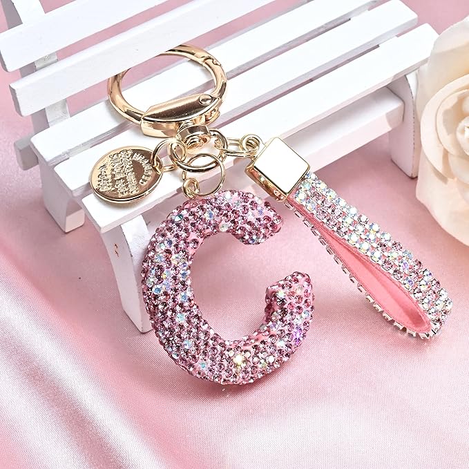 Pink Blue White Initial Letter Keychain Gift for Women Girls Bling Sparkly Cute Backpack Car Key Accessories Lanyard