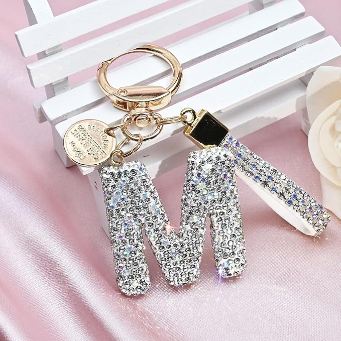 Pink Blue White Initial Letter Keychain Gift for Women Girls Bling Sparkly Cute Backpack Car Key Accessories Lanyard